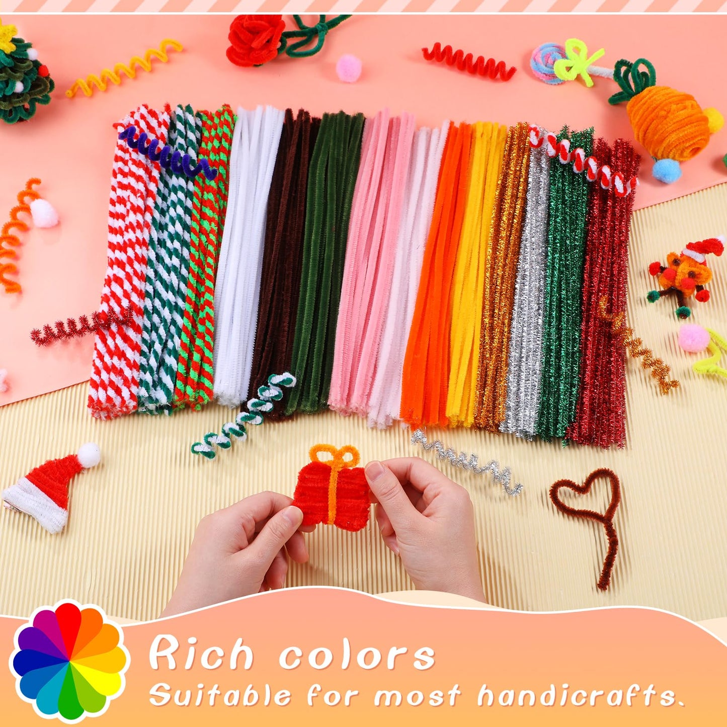 Giwrmu 100 Pieces Pipe Cleaners Chenille Stem, Light Golden Pipe Cleaners Craft, Fuzzy Sticks Craft Supplies, Colored Pipe Clean