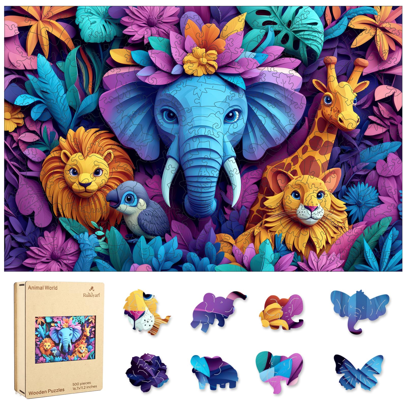 Ruikiyart Wooden Puzzles for Adults, 5MM 500 Pieces Animal World Wooden Jigsaw Puzzles, Unique Shaped Puzzle Gifts for Adults an