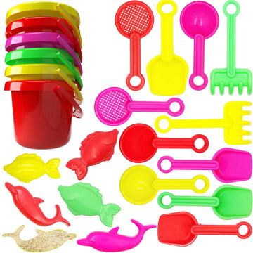 The Dreidel Company Mini Beach Day Playsets, 3.25'' Sand Bucket Play Set Box Includes, Pail, Shovel, Rake, Sifter Scoop, Dolphin