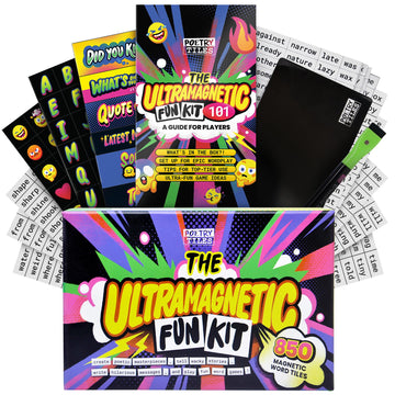 Ultramagnetic Fun Kit - The New Way to Make Fridge Poetry - 700+ Words  Emojis  Header Tiles  Black Board and Liquid Chalk Pen - Supercharged Game and Activity Pamphlet - .375 Tall Tiles
