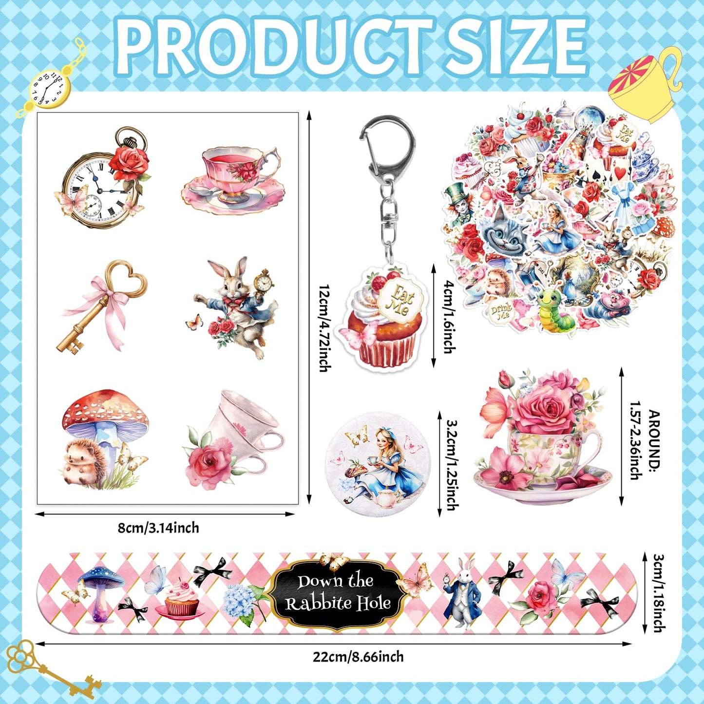 BOIKOKY Alice in Wonderland Party Favors - 98PCS Gift Set with Bracelets, Keychains, Tattoos, Stickers & Pins - Vintage Wonderland Theme