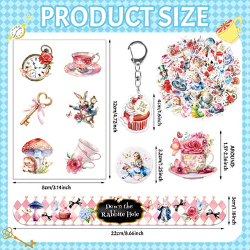 BOIKOKY Alice in Wonderland Party Favors - 98PCS Gift Set with Bracelets, Keychains, Tattoos, Stickers & Pins - Vintage Wonderland Theme