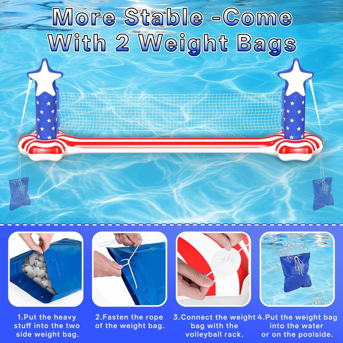 Gardentime Inflatable Volleyball Net and Basketball Hoops Pool Floating Toys Swimming Water Games for mature-themeds and Kids 8-12 Teens Volleyball Court (122 x25 x40 ) American Flag Summer Floaties