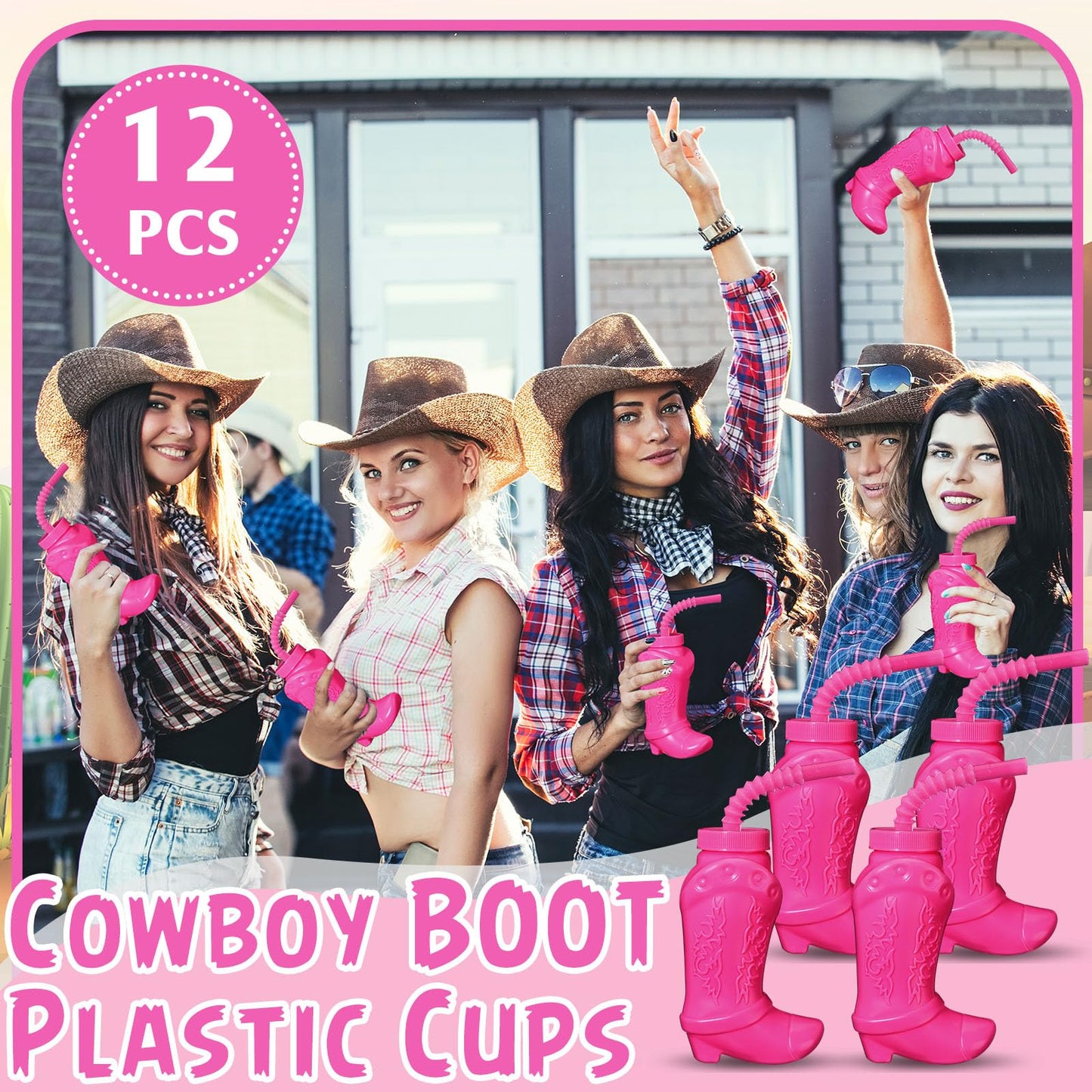 Hoolerry 12 Pcs Cowboy Boot Party Plastic Cups With Straws And Lids 10 Ounces Plastic Cowboy Cups For Western Themed Party Suppl