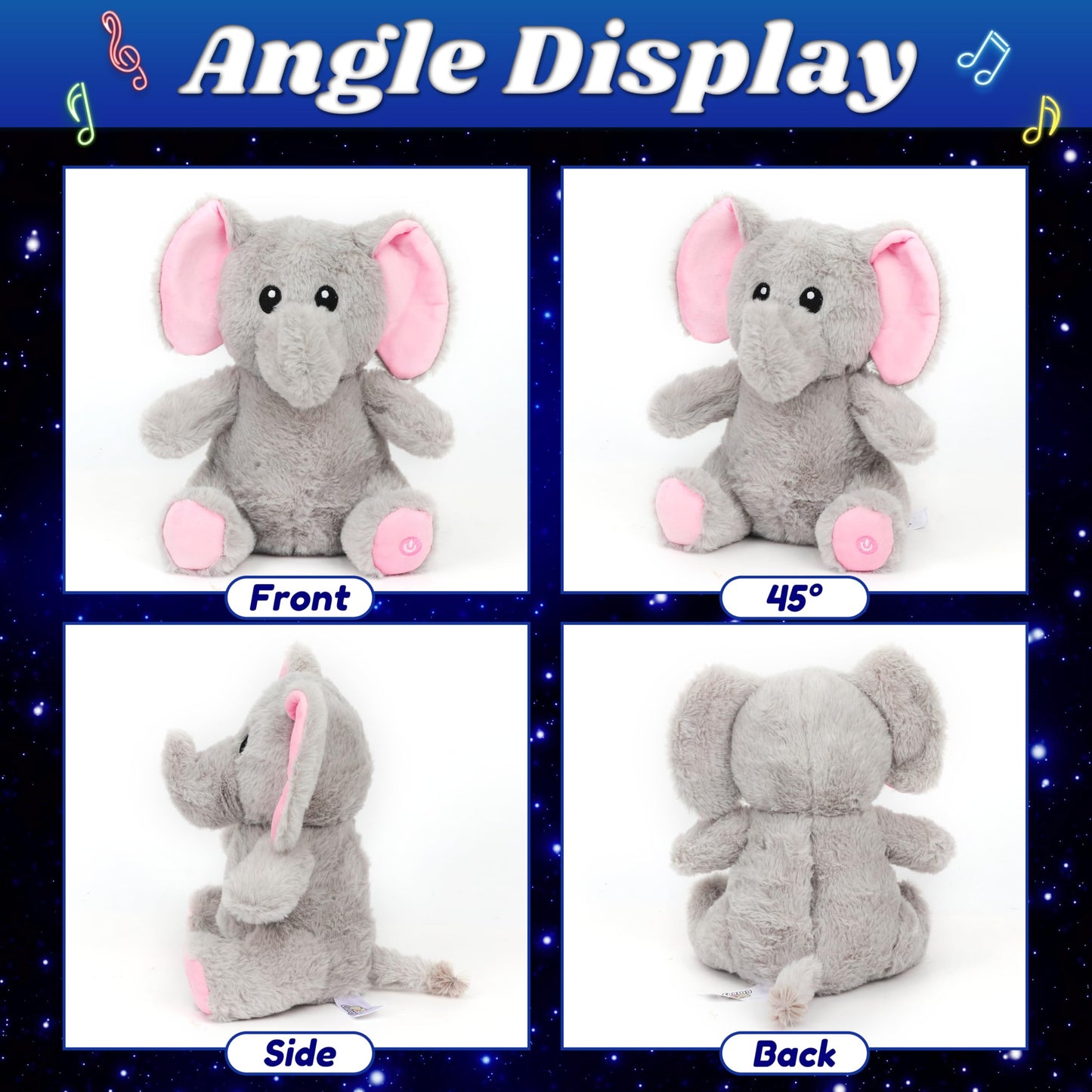 Cuteoy LED Glowing Elephant Nightlight Plush Toy, 10.5" Cotton, Musical Lullabies, Perfect Gift for Kids Boys Girls
