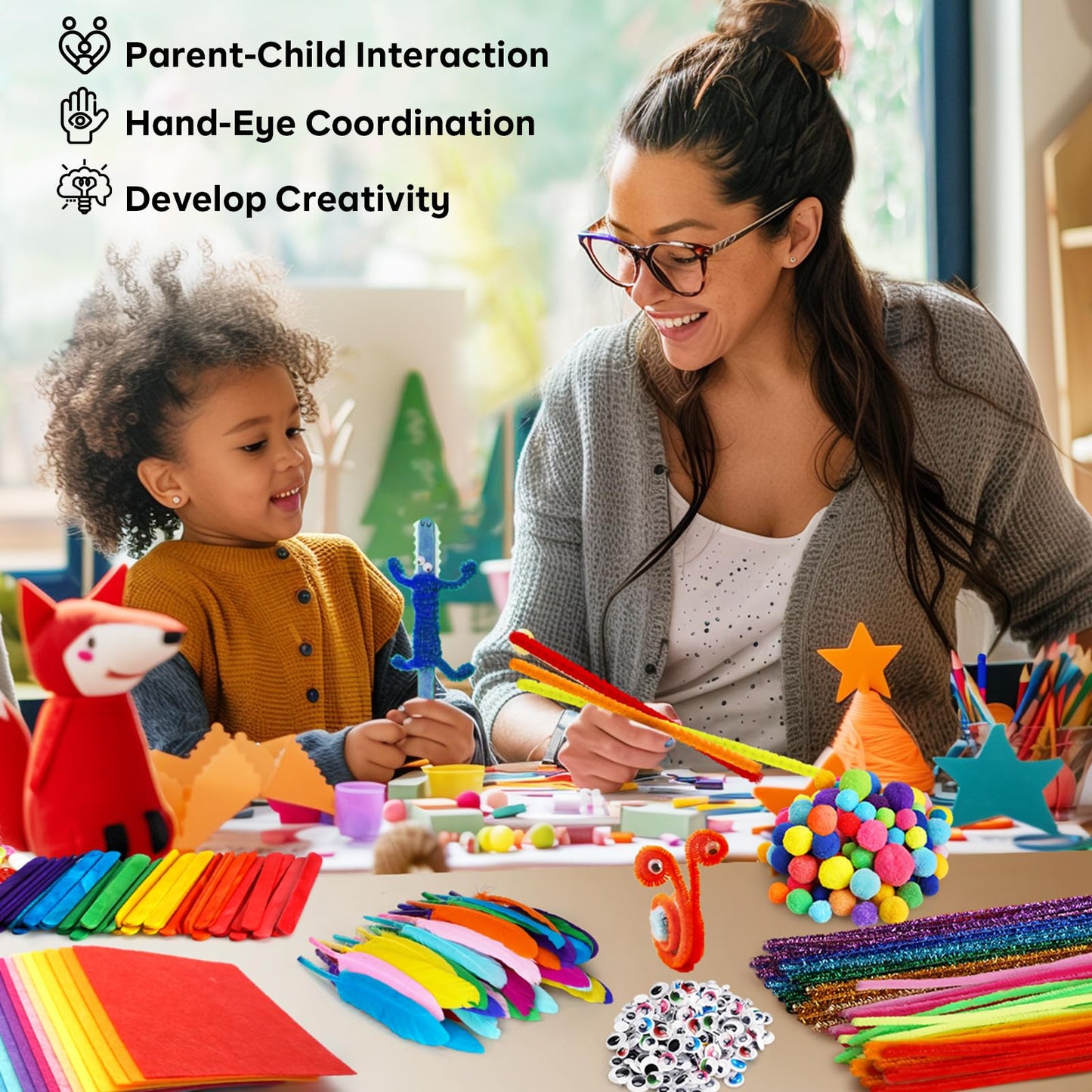 FUNZBO Arts and Crafts Supplies for Kids - Crafts Kits with Pipe Cleaners, Construction Paper, Pom poms, Googly Eyes, Crafts for