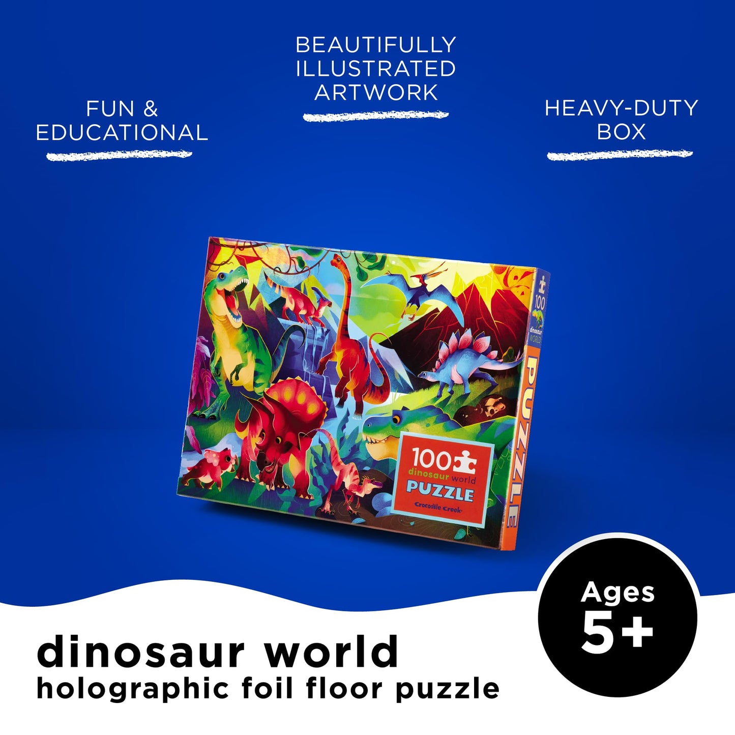 Crocodile Creek 100-Piece Jigsaw Puzzle For Kids Ages 5 And Up - Fun And Educational Table Or Floor Holographic Foil Puzzle - Heavy-Duty Box For Storage - Dinosaur World - 24' X 18' Finished
