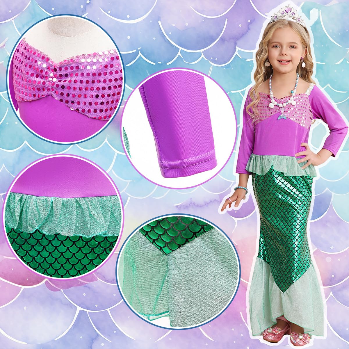 Zaisuifun Princess Dress Up Mermaid Costume Little Girls Mermaid Dress Halloween Cosplay Costumes, Purple, 2-3 Years(Tag 100)