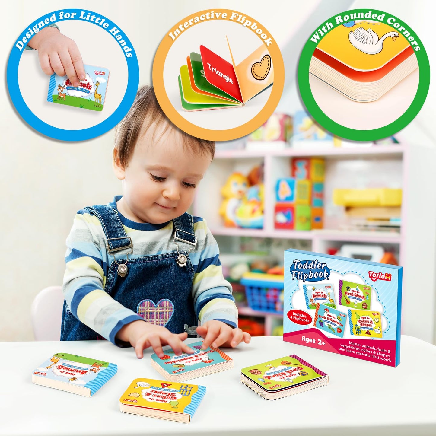 Torlam Toddler Learning Books: My First Library Flipbook - Fruit & Vegetable, Animal, Color And Shape Toys, Mini Board Books Set - 4 Pcs