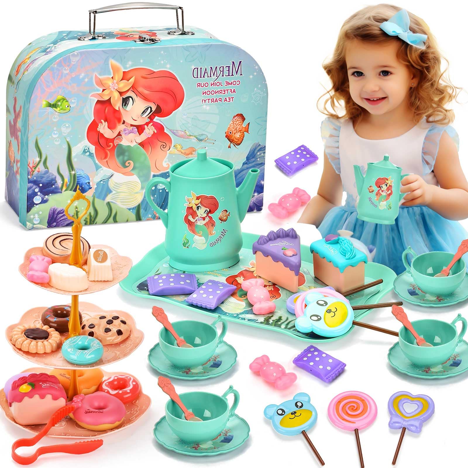 Lajeje Mermaid Tea Party Set for Little Girls - Pretend Plastic Teapot Set, Princess Tea Time Play Kitchen Toy with Cups, Plates