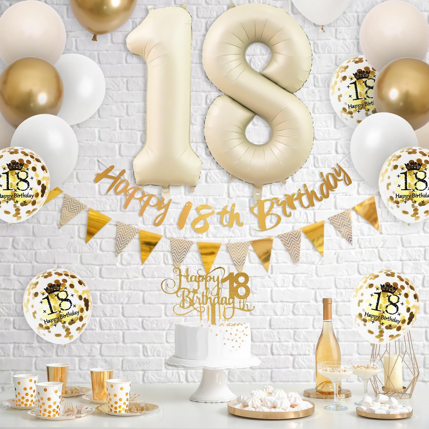 18Th Birthday Decorations Sand White Gold,18Th Birthday Balloons Beige Gold,Happy 18Th Birthday Banner With Cake Toppers Number
