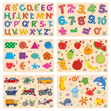 Webby Wooden Educational Colorful Alphabets, Counting Numbers, Fruits, Sea Animals, Public Transport And Shapes Puzzle For Presc