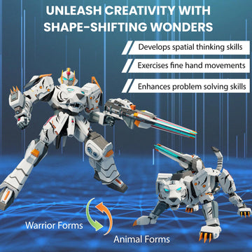 GAGINAN White Tiger Warrior Turn into Robot Toy, Sagacious Animal Robot Action Figure, 10-inch Grey Deformation Robot Figures, D
