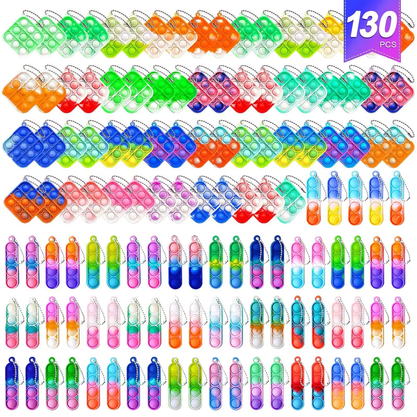 Amicbng 130 Pcs Pop Keychain Party Favors ,Mini Pop Keychain It Fidget Toy Bulk Stocking Pinata Stuffers Birthday Carnival Treas