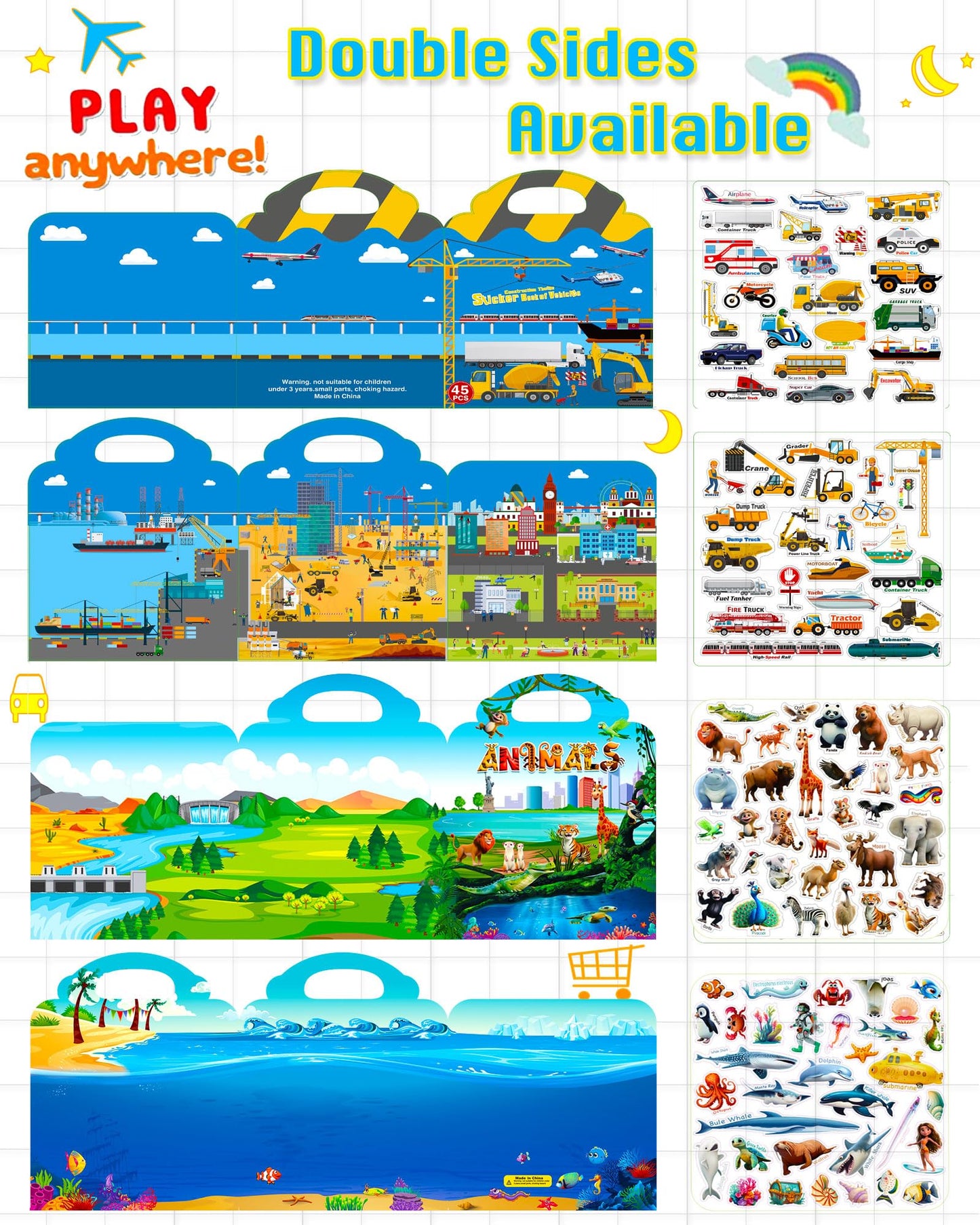 2Pack Reusable Sticker Books For Kids 2-4,Vehicle Cars & Animals 3D Jelly Stickers Activity Busy Book For Toddlers Boys Girls Ro