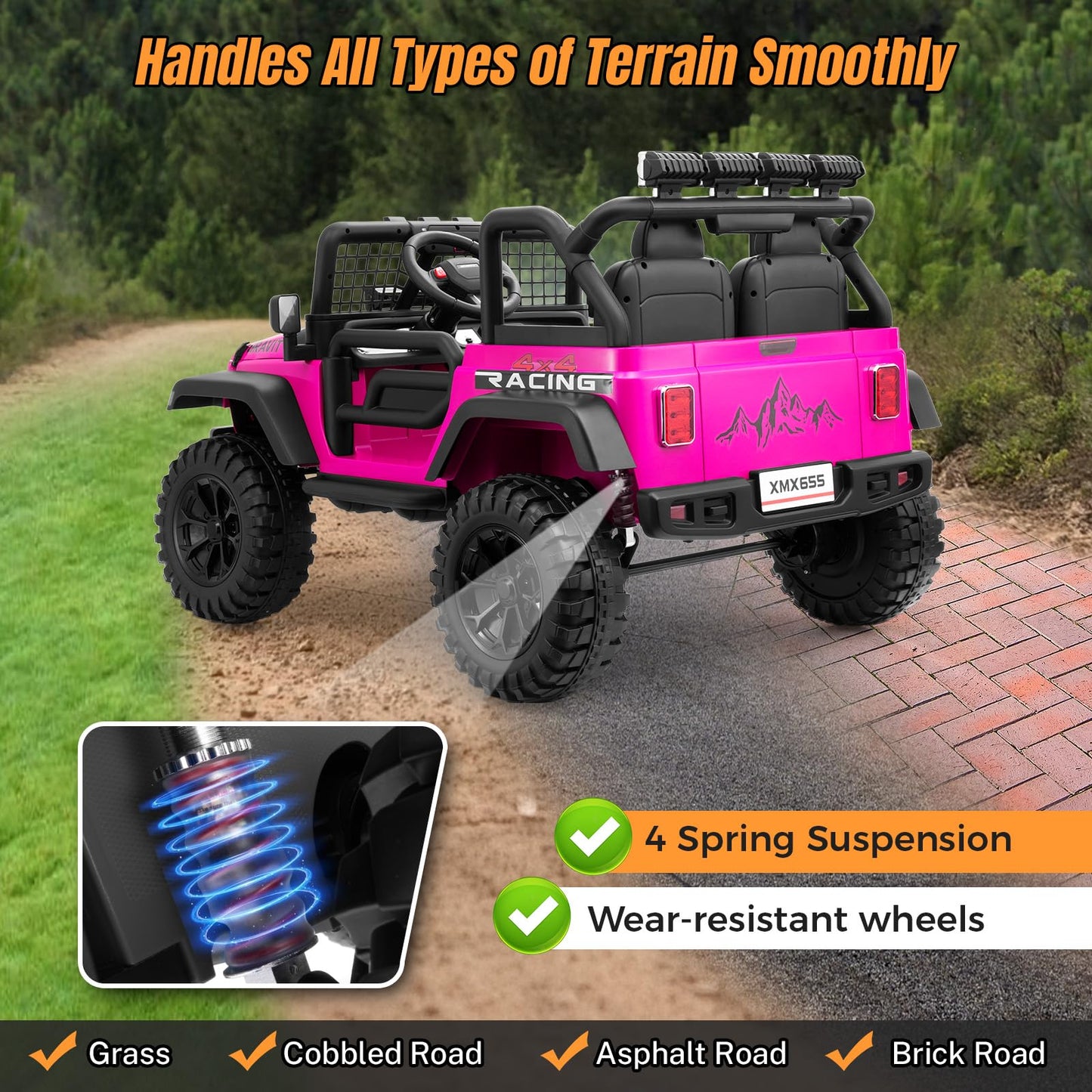 Hikole 24V Electric Ride On Car - 2 Seater XL with Remote, LED Lights, Bluetooth, Pink