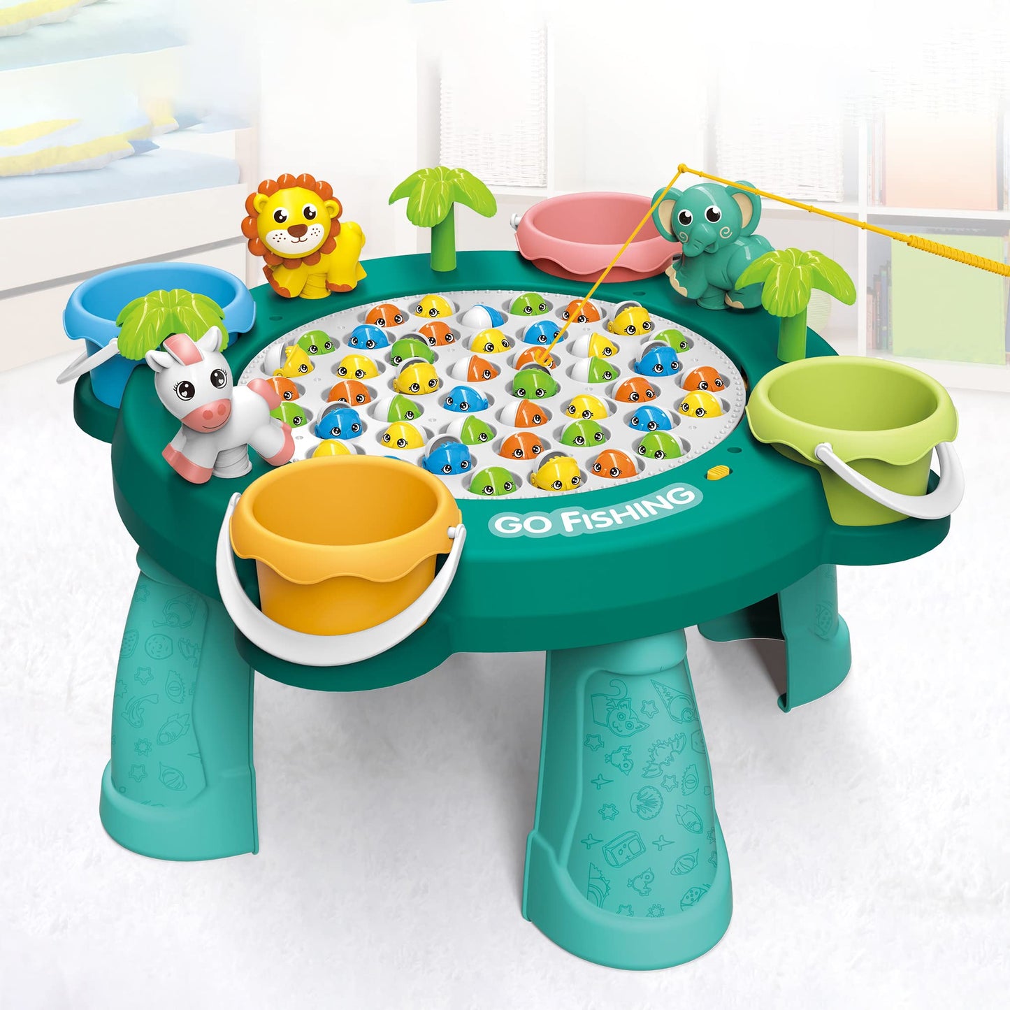 Pairez Toys Fishing Game Toy Set, Kids Play Table W/Rotating Board, 45 Fishes & 4 Fishing Poles, Gifts For Children, Boys & Girls Aged 3 4 5 6+ (Upgraded Ver.)