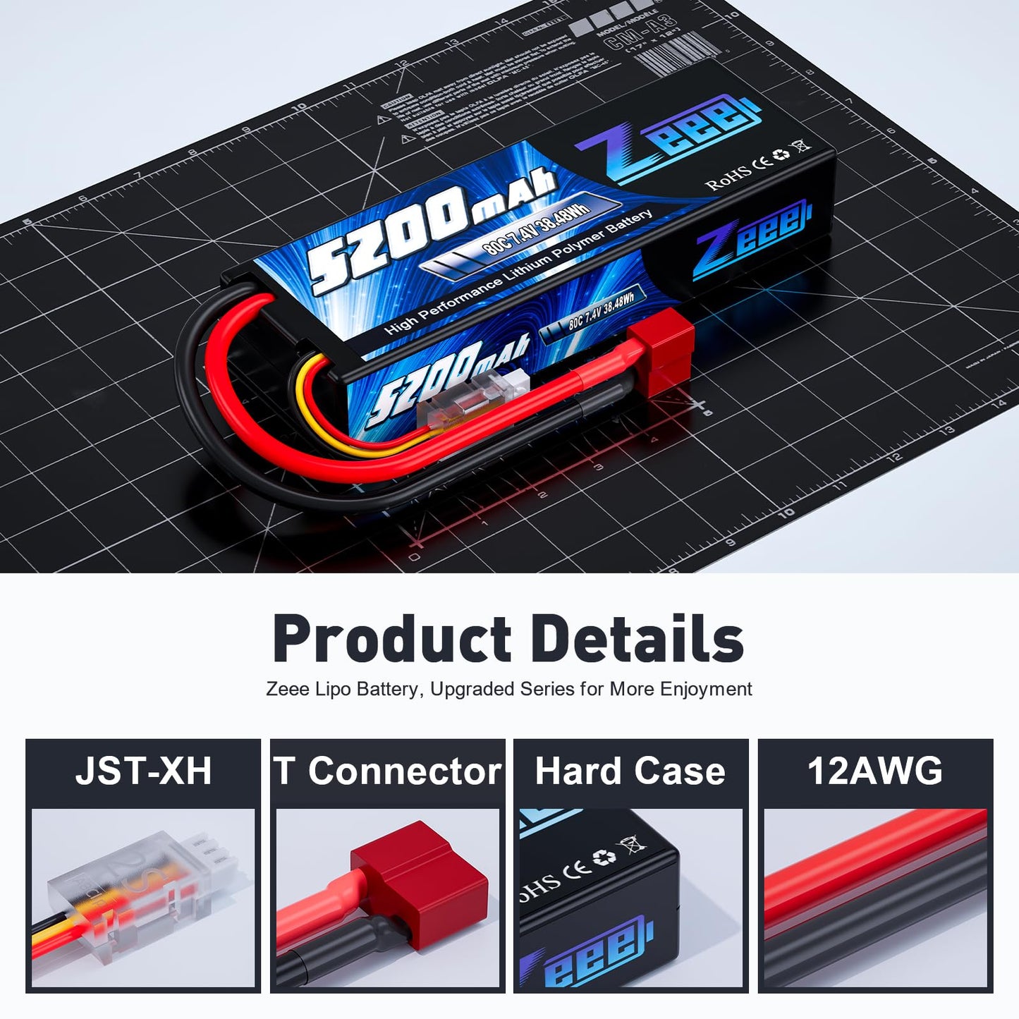 Zeee 2S Lipo Battery 5200Mah 7.4V 80C Rc Hard Case T Connector For 1/8 1/10 Rc Vehicles Rc Car Rc Truck Tank Rc Buggy Truggy Rc