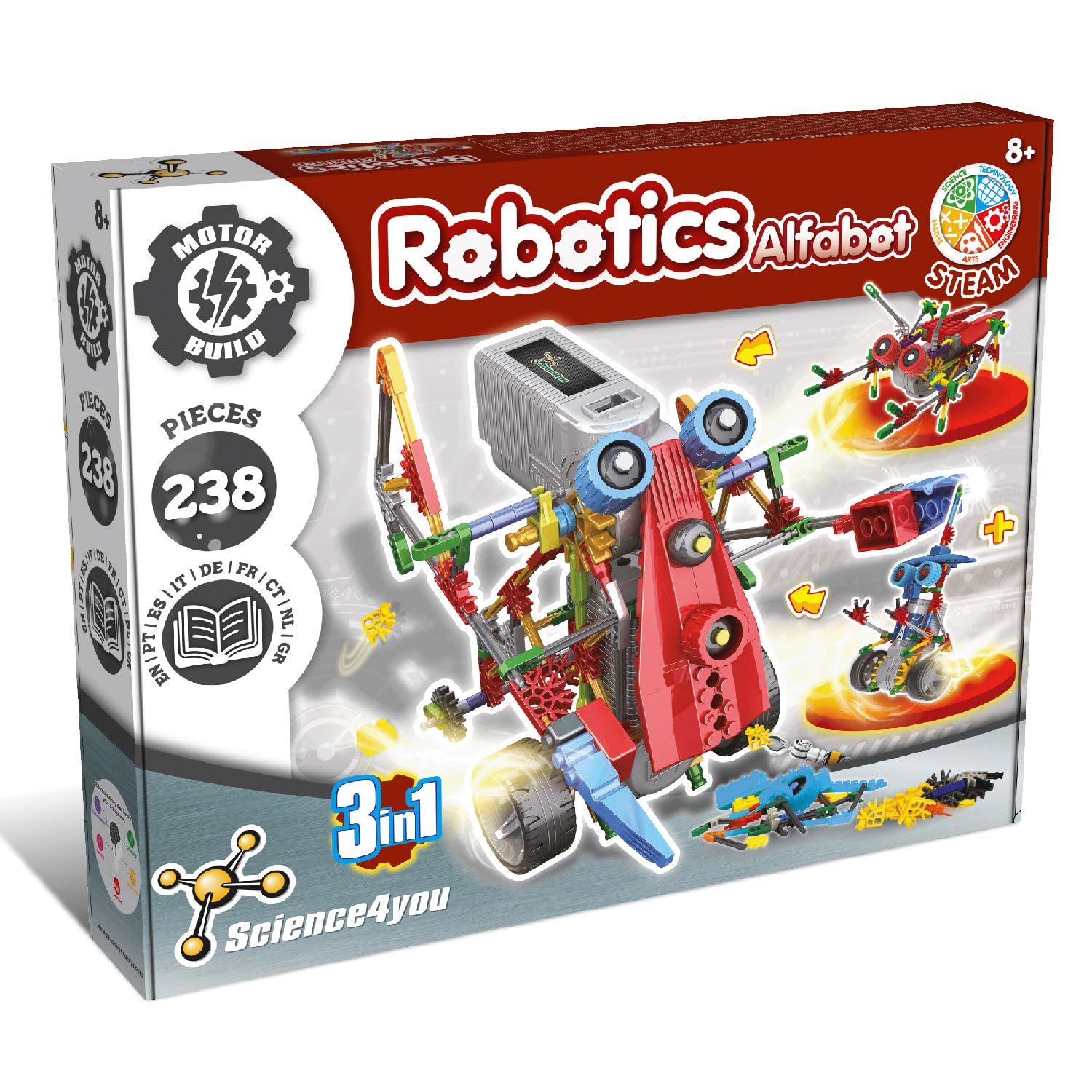 Science4You Robotics Alfabot - Robot Building Kit For Kids, 238 Pieces - Build Your Own Robots And Make Them Move - 3 Different Robots In 1 Toy - Stem Educational Toy For Kids Age 8-14