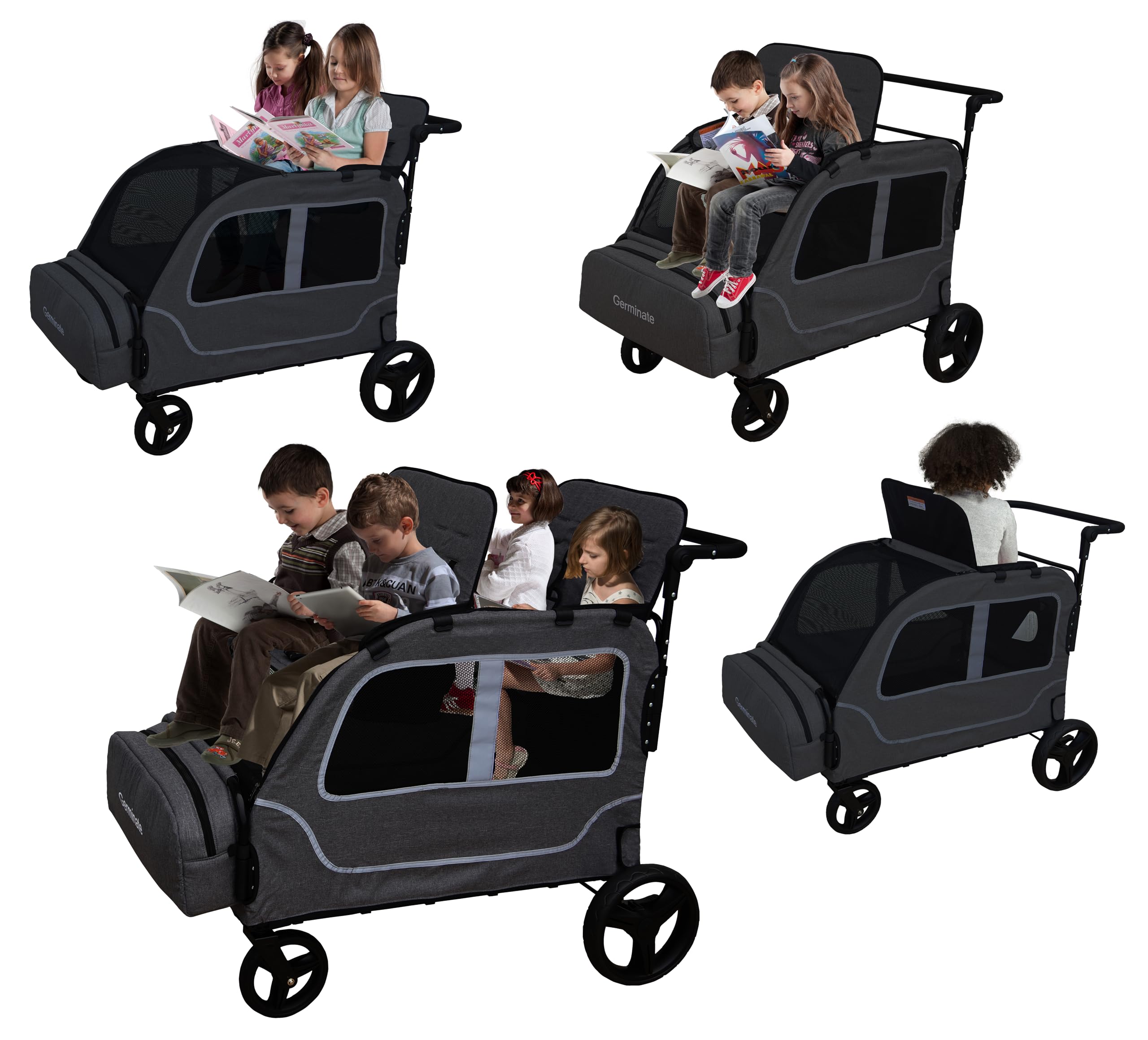 Germinate 4 Seater All Terrain Quad Wagon Stroller, Extra Large, Dark Grey, Adjustable Handles, Removable Canopy