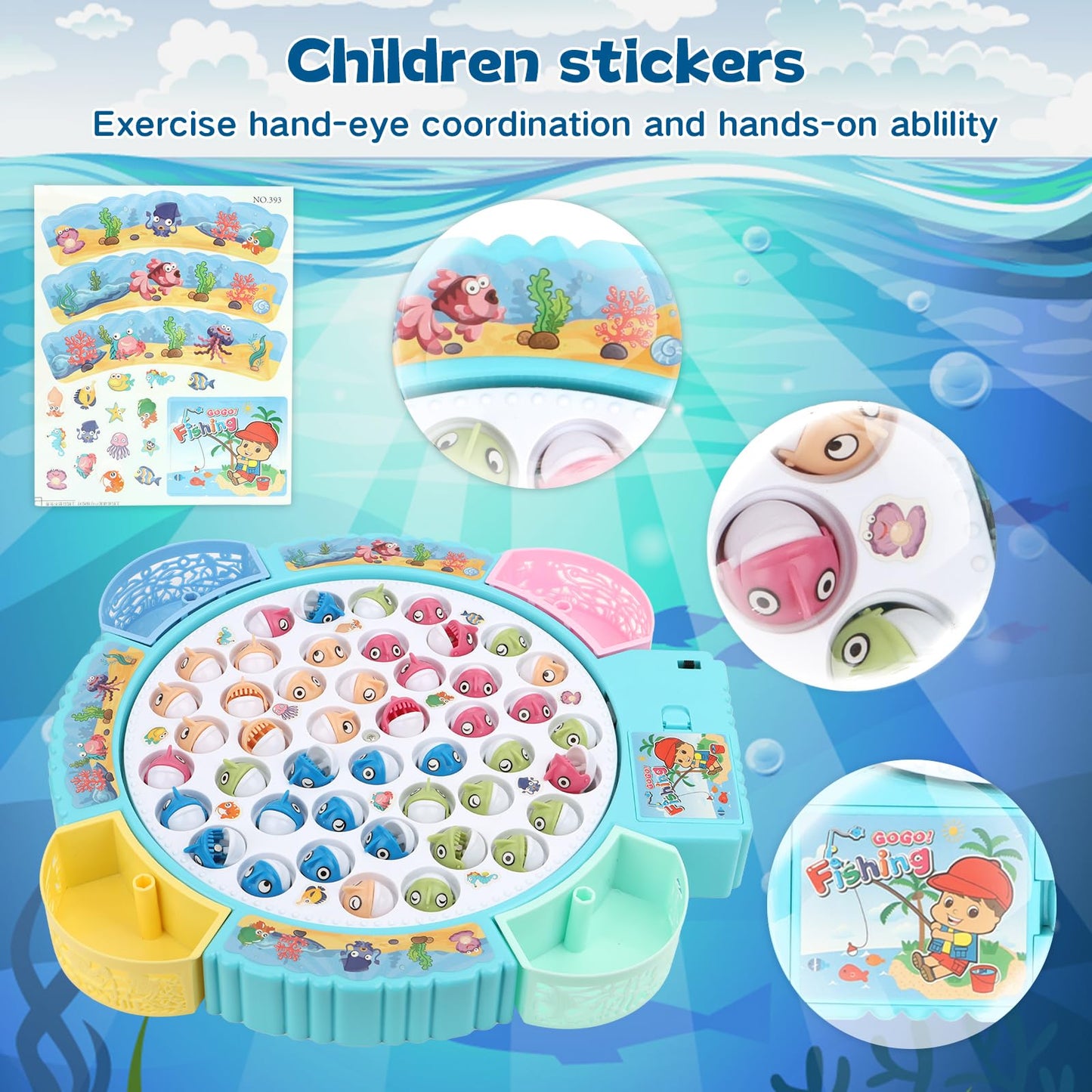 QuadPro Magnetic Fishing Games Set - Educational Toddler & Kids Fishing Toys | 45 Fish  8 Poles  Rotating Board with Music & LED | Ideal Go Fish Toy for Fun!