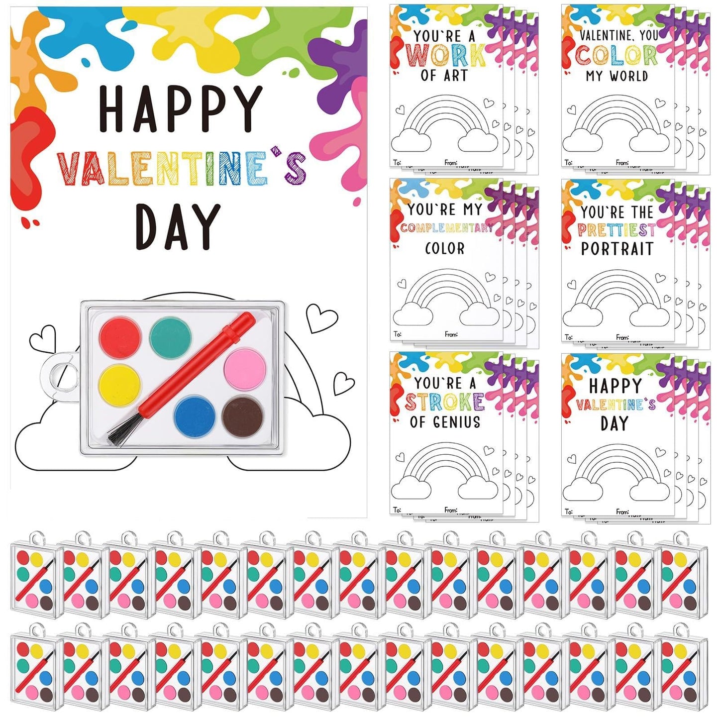 Sabary 30 Pack Valentines Day Gifts for Kids Valentines Watercolor Paint Set with Gift Cards Mini Paint Sets with Adhesive Dots 