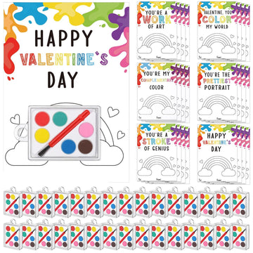 Sabary 30 Pack Valentines Day Gifts for Kids Valentines Watercolor Paint Set with Gift Cards Mini Paint Sets with Adhesive Dots 