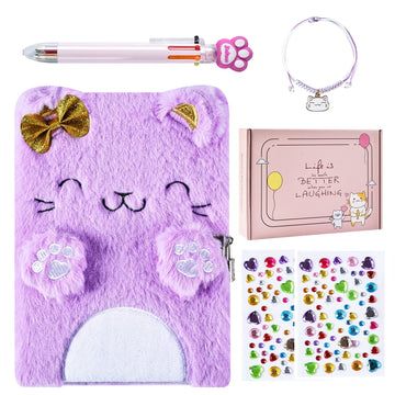 Pjdrllc Diary For Girls With Lock And Keys, Kids Journal Travel Notebook For Writing, Cute Secret Diary With Multicolored Pen, Stickers, Bracelet, Practical Gift For Birthday, Easter (A Cute Cat)