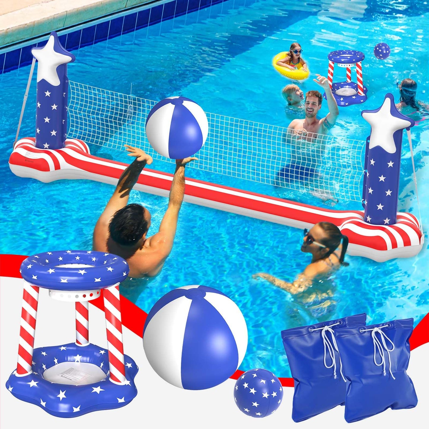 Gardentime Inflatable Volleyball Net and Basketball Hoops Pool Floating Toys Swimming Water Games for mature-themeds and Kids 8-12 Teens Volleyball Court (122 x25 x40 ) American Flag Summer Floaties