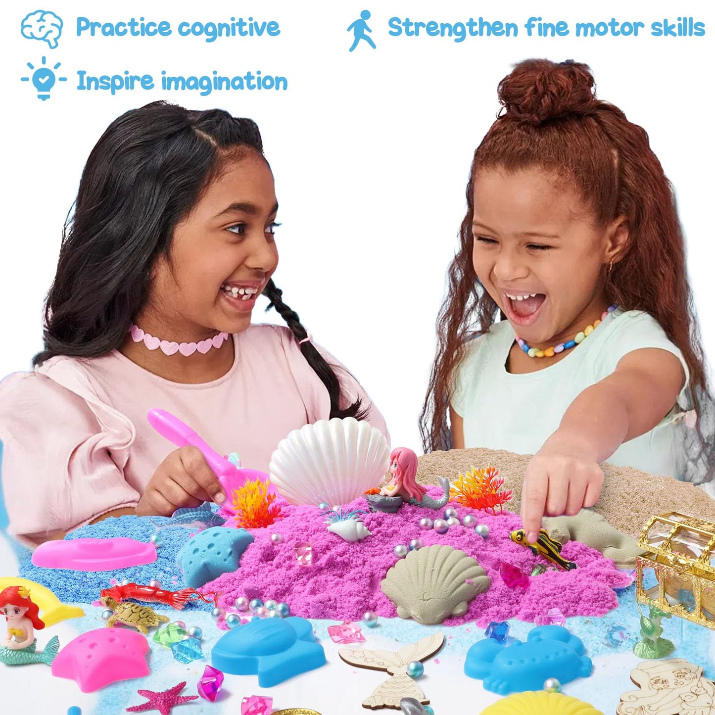G.C Mermaid Sensory Bin for Girl Kid Toy, 103pcs Play Sand Art Kit with Sandbox/2lb Color Sand/6 Molds/Treasure Box/Shell, Ocean