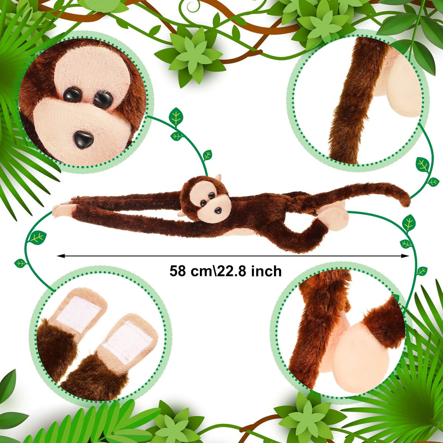 Hungdao 6 Packs Hanging Monkey Stuffed Animal Toy With Hook And Loop Fasteners Hands Stuffed Monkey Plush Toys For Kids (24 Inch)