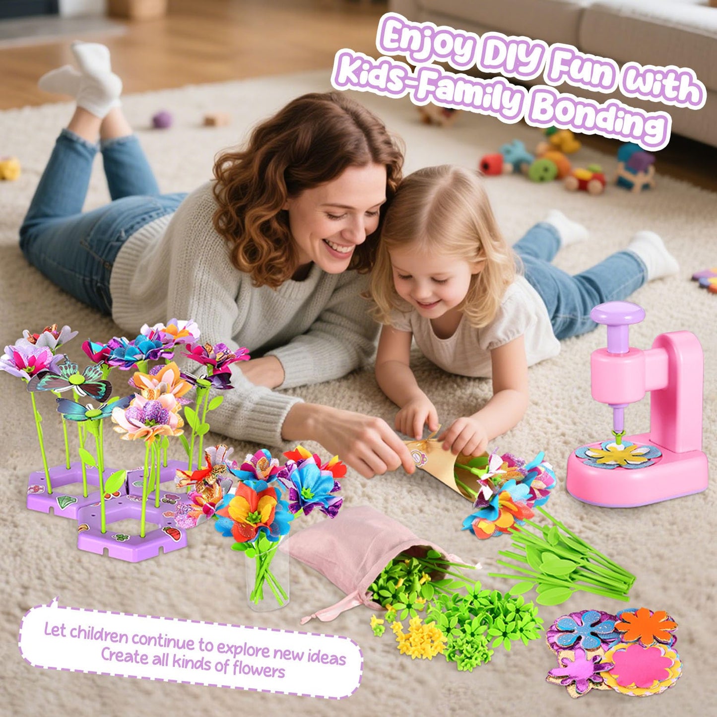 DIY Flower Craft Kit, Fabric Flower Bouquets Toys, DIY Craft Kits Toys Flowers Making Kit for Kids, Creative Christmas Birthday
