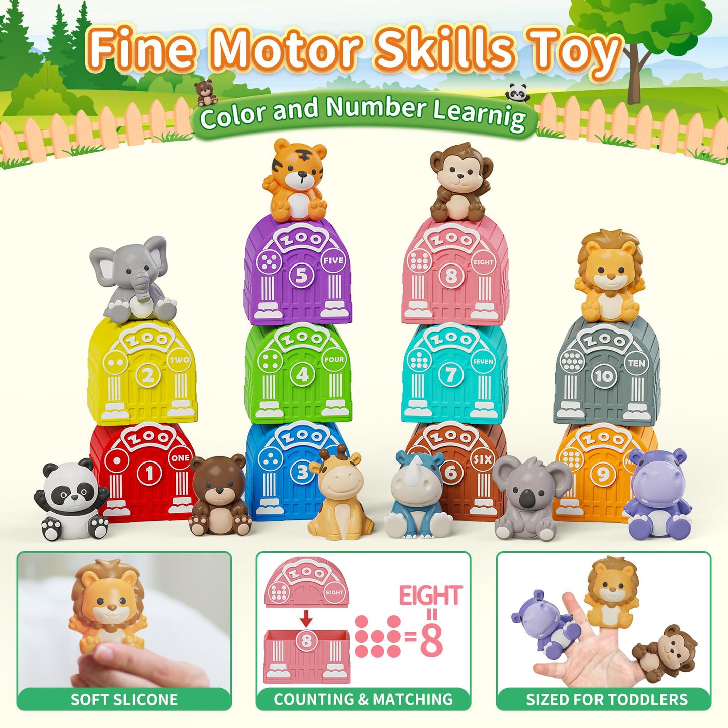 Learning Toy For Toddlers 1 2 3 Year Old, Montessori Educational Counting, Matching & Sorting Sensory Toys, 10 Safari Animals & 10 Zoos, Birthday Easter Gift For Baby Boy Girl Age 12-18 Months