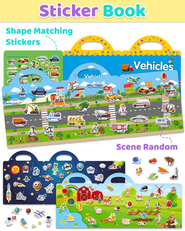 Benresive Reusable Sticker Books For Kids 2-4, Sticker Books For Toddlers 1-3, Toddler Sticker Book Age 2-4, Toddler Travel Toys Activities Crafts Gifts - Farm, Space And Vehicle