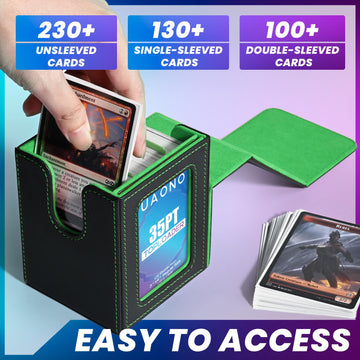 Uaono Card Deck Box With Mtg Commander Display, Deck Case Holds 100+ Double-Sleeved Cards, Trading Card Storage Box Fits Tcg/Ptcg/Sports Card With 2 Dividers, 1 Toploader (Black, Dark Green)