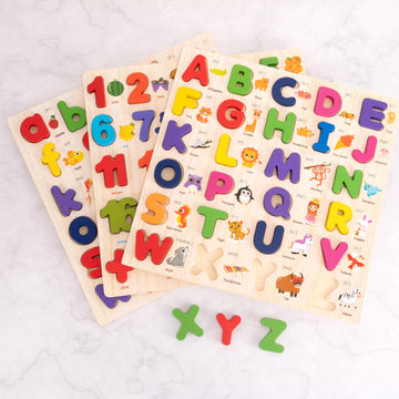 Xjyqjd Wooden Alphabet Puzzle For Toddlers, 3 In 1 Lower Case Alphabet Letter Puzzles Abc Uppercase & Lowercase & Number Puzzle Set For Preschoolers Kids Ages 3-5 Alphabet Learning Educational Toy