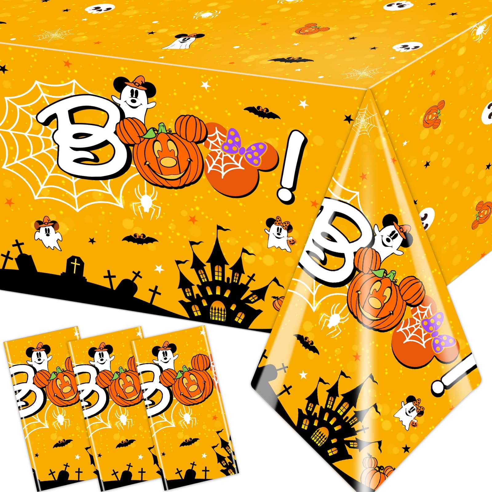 Gupesxu Mouse Halloween Party Decorations-3pcs Happy Boo Day Tablecloth, Yellow Pumpkin Ghost Mouse Halloween Tablecloth for Kid