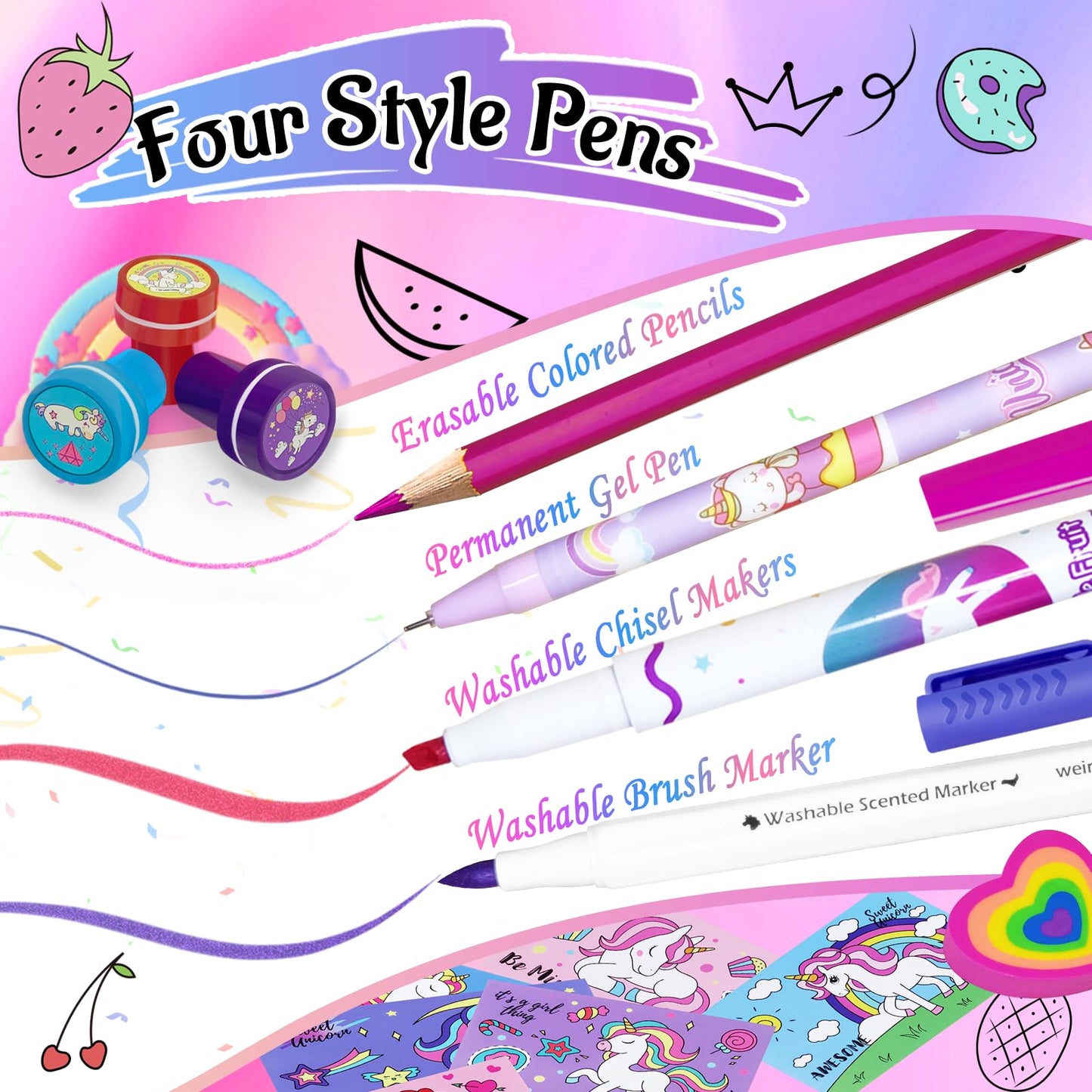Weirtoya Washable Fruit Scented Markers Set With Unicorn Pencil Case Stationery Set Stem Toys Unicorns Gifts For Girls Birthday