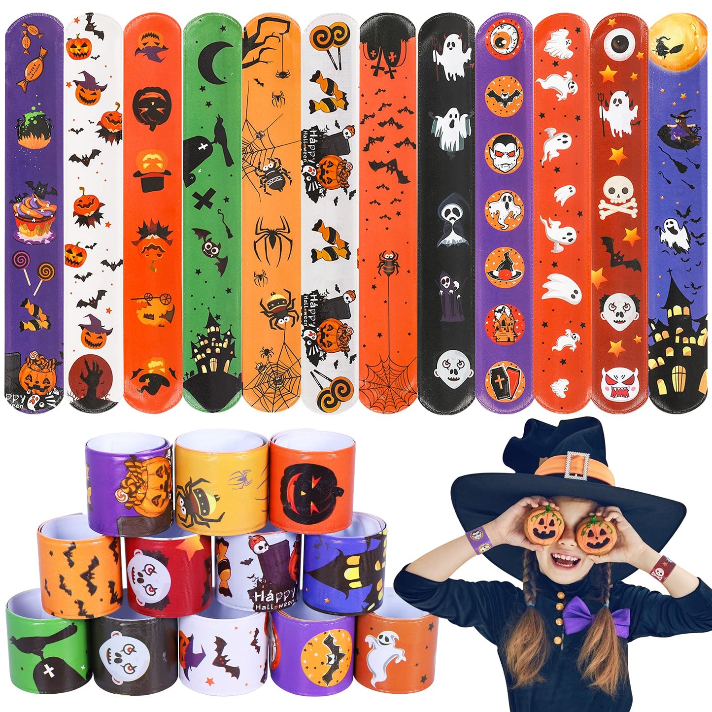 Max Fun 48pcs Halloween Slap Bracelets Halloween Party Favors Halloween Toys for Kids Halloween Party Favor Halloween Treat Bags