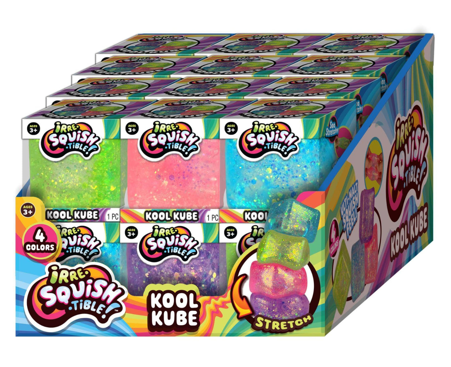 JA-RU Squishy Kool Kube (24 Cubes Assorted) Irresistible Squeezy Glitz Cube Toy for Boys & Girls. Stretchy Ulti-Malt Squish Feel Fidget for Kids  Teen & mature-themed. Stress Relief Fun Party Favor. 4542-24