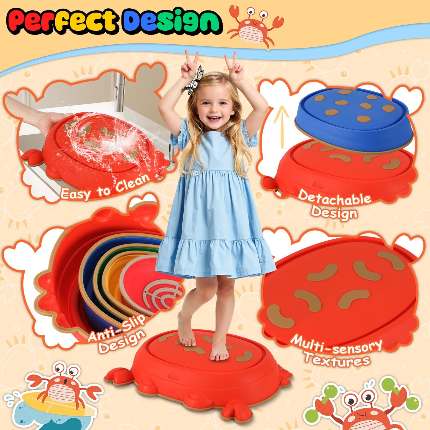 Kirumie Crab Stepping Stones For Kids, Non-Slip Plastic Balance River Stones For Kids, Promoting Children 'S Coordination Skills