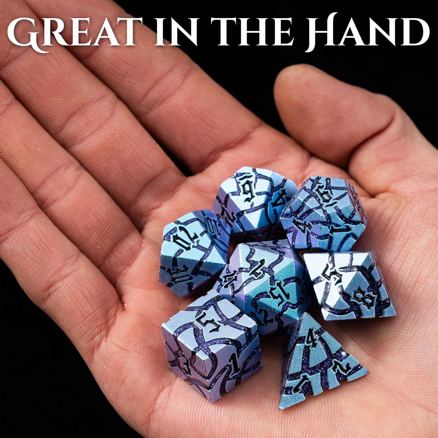 Soar Forge Metal Dice For Dnd - Beautiful Blue Glitter Cracks Set Compatible With Dungeons And Dragons And Other Rpg, Dice For D