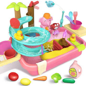 Play Sink With Running Water, 4-In-1 Water Table Toy With Slide Track, Magnetic Fishing Game Floating Toys For Water Play For Ki