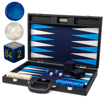 Pointworks 19 Inch Premium Backgammon Sets For Adults Leather Black - Blue. Premium 1.6 Inch Checkers & Dice Set, Travel Backgam