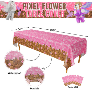 Blue Orchards Pixel Flower Table Cover (Pack Of 3) - Girl Gamer Party Decorations, Gamer Birthday Tablecloth For Girls, Girls Birthday Party Supplies, Pixel Miner Party