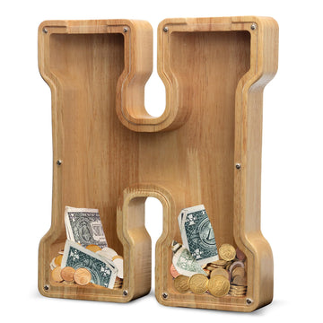 Aorcmitn Extra Large Wooden Letter Coin Piggy Bank For Boys Girls Kids Toddler Alphabet H Money Bank (Initial-H-12)