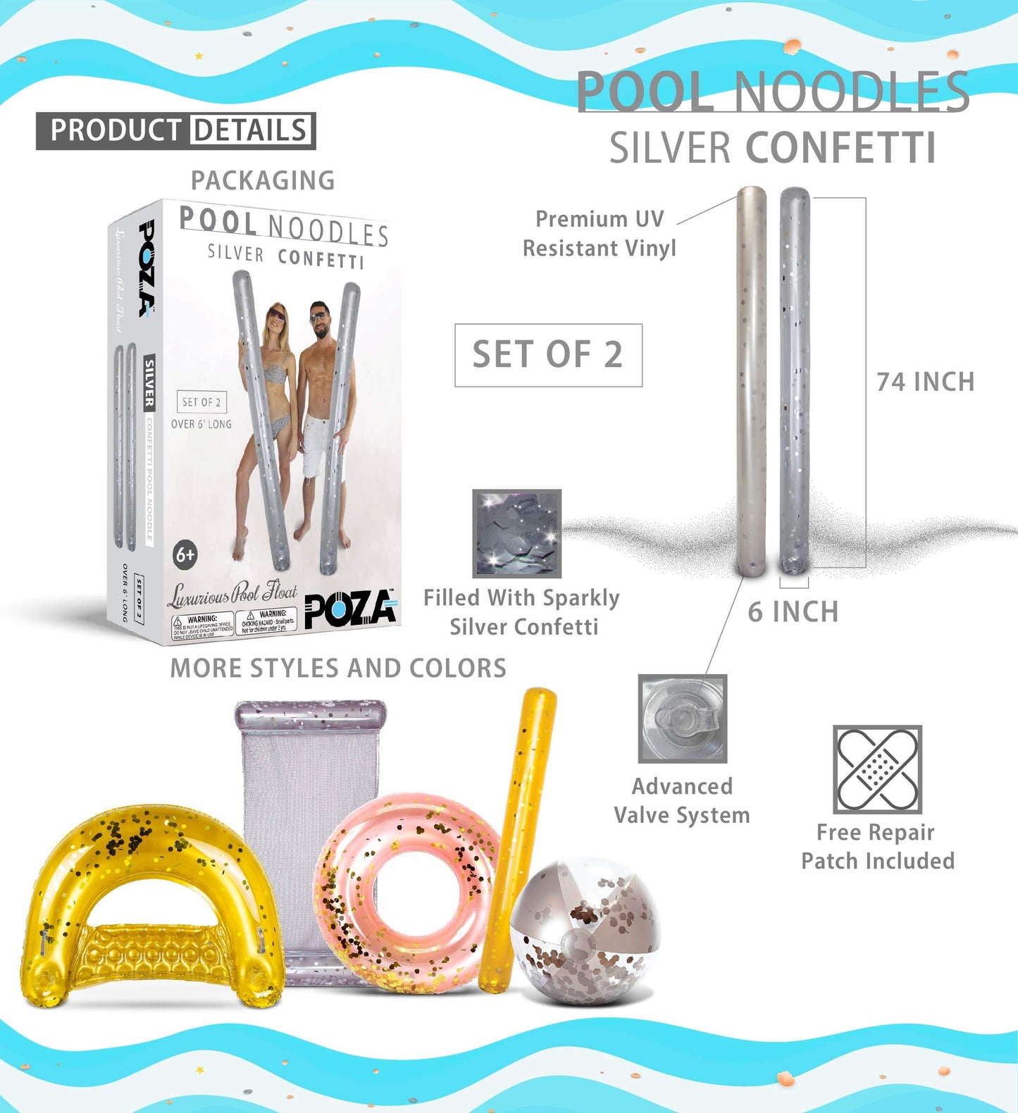 POZA Inflatable Jumbo Pool Noodles - 74" Silver Sparkle Confetti Floats for Swimming Pool, Beach & Lake