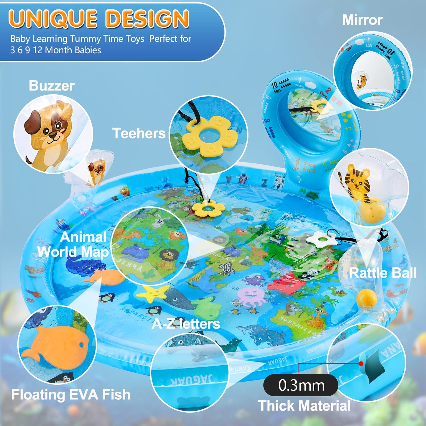 Flashbluer 4-In-1 Tummy Time Water Play Mat With Baby Mirror & Teethers And Rattles, Large Infant Newborn Toys, Suitable For 3 6 9 12 Month Baby Girl Or Boy Development
