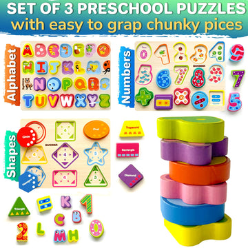 Quokka Wooden Puzzles For Toddlers 2-4 - Chunky Toddler Puzzles Ages 3-5 - Learning Travel Game With Numbers Alphabet Shapes - Wood Educational Gift For Boys And Girls