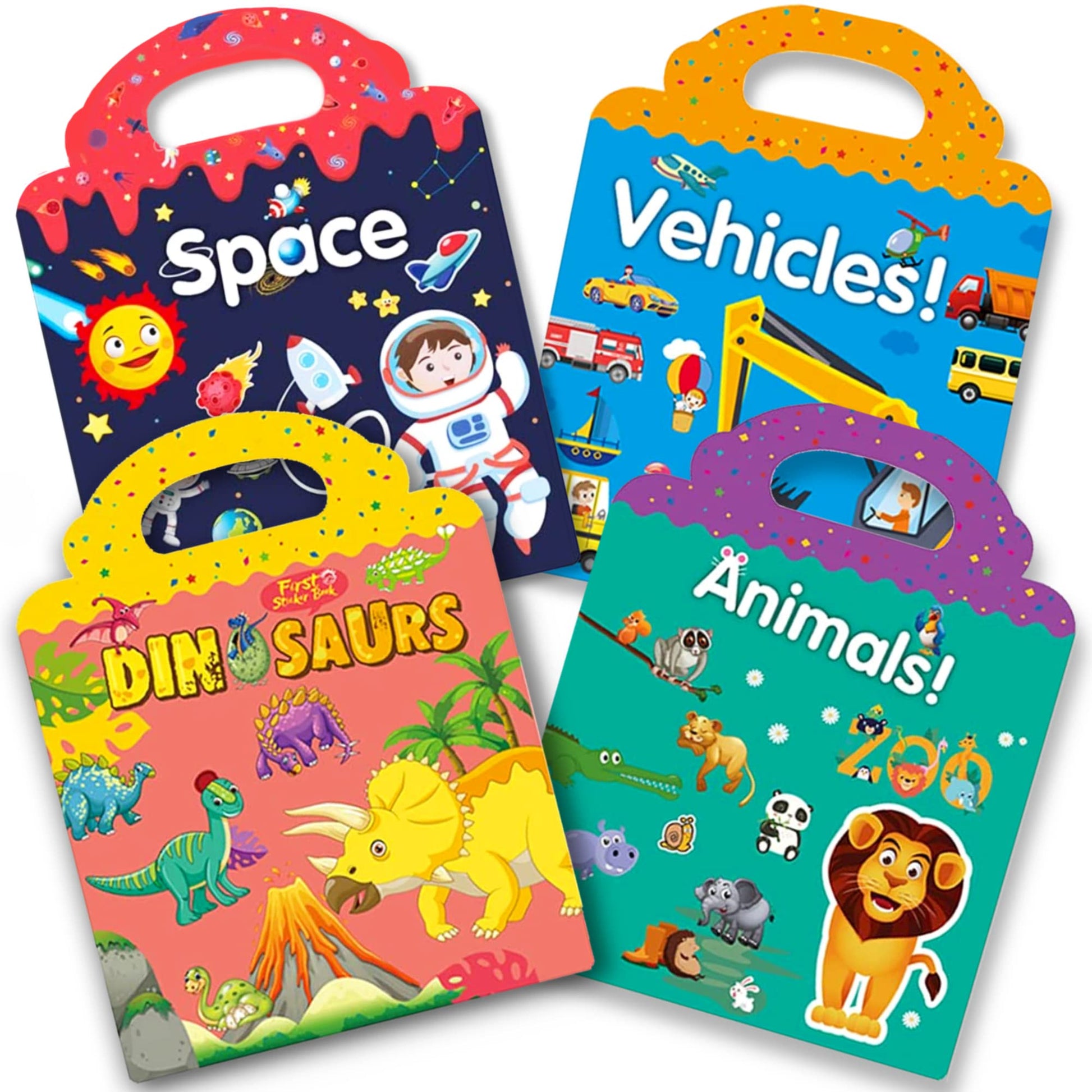 Ruson Reusable Sticker Book For Kids, 4 Sets Educational Learning Toys Travel Stickers Activity Books For Toddler Girls Boys Age 3+ Birthday Gifts - Vehicle, Space, Dinosaur & Animals